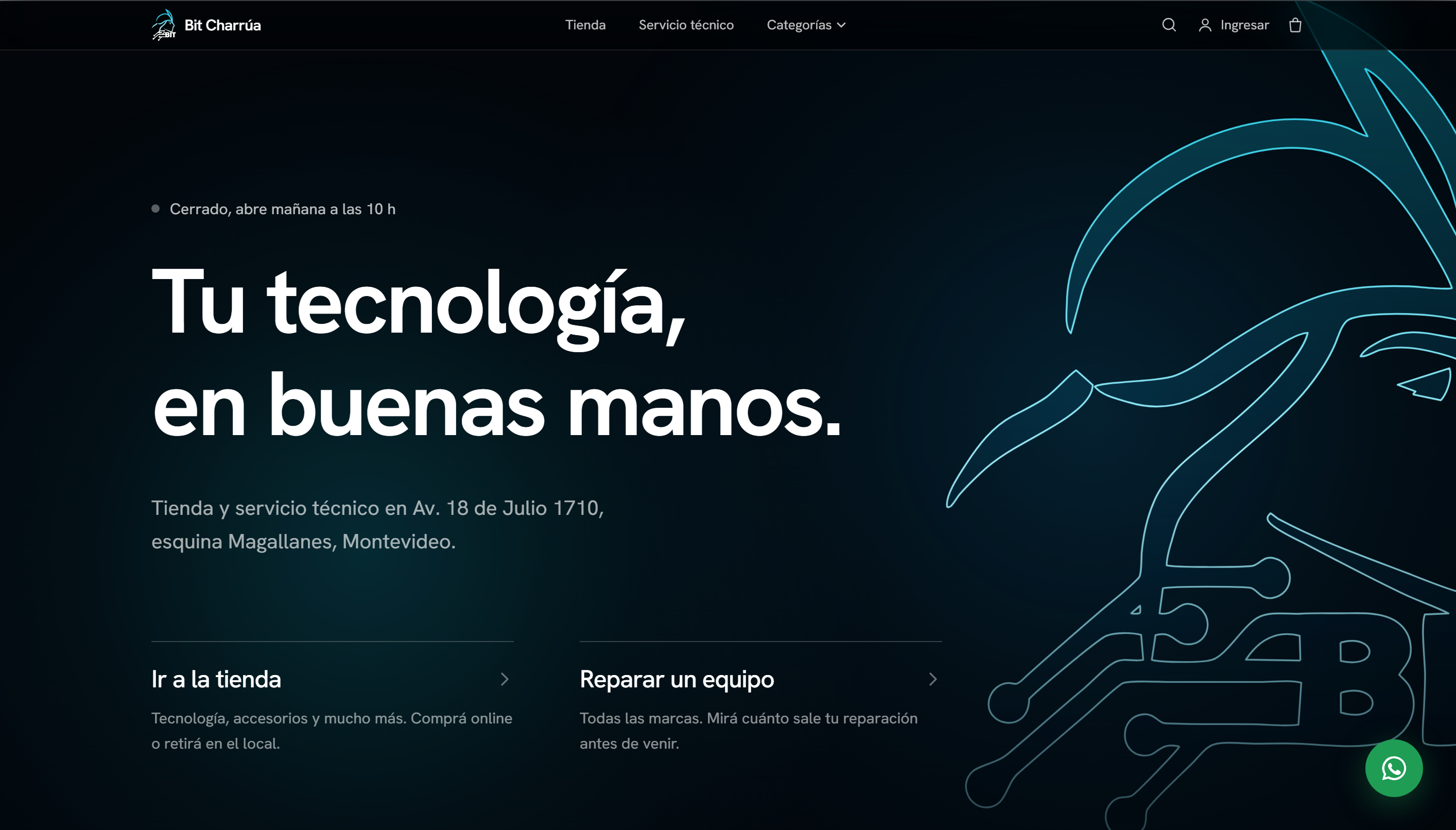 The Bit Charrúa homepage: a dark teal layout with a large line-art logo illustration and the shop's live opening hours.